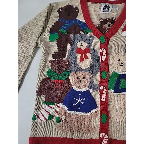 Storybook Knits Cardigan Sweater Women1X  Beige Bear ChristmasTree Hidden Button - Picture 2 of 9